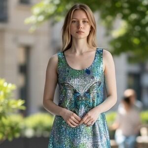 Papillon Sequin Butterfly‎ Mini Dress Womens Small Blue Green Racerback  Fairy